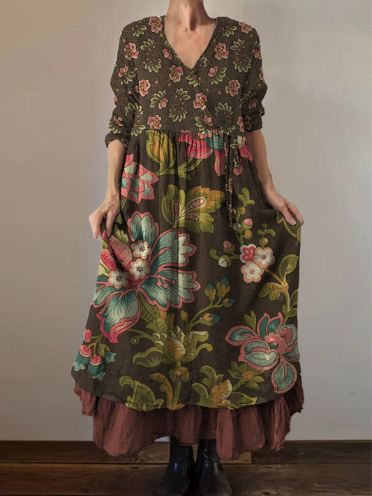Retro boho virágos nyomtatás vintage v-nyak dupla hemline pamut hosszú ujjú midi ruha