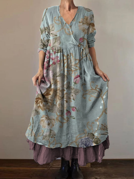 Retro boho virágos nyomtatás vintage v-nyak dupla hemline pamut hosszú ujjú midi ruha