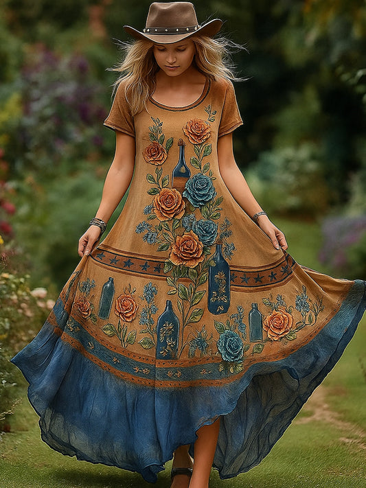 Retro virág művészet nyomtatás vintage kerek nyak rövid ujjú pamut maxi ruha