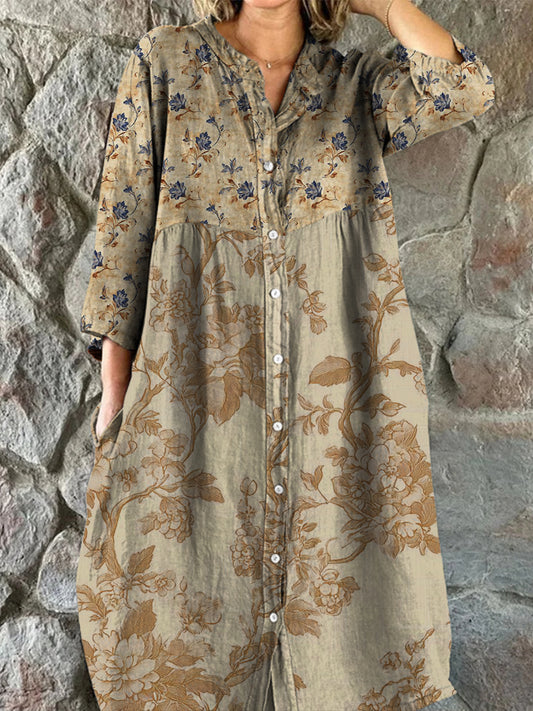 Retro boho virág művészet nyomtatás vintage elegáns v-nyak gomb fel hosszú ujjú midi ruha