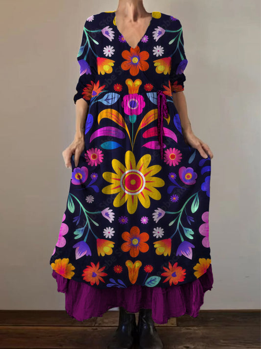 Retro boho virágos etnikai nyomtatás vintage v-nyak dupla hemline pamut hosszú ujjú midi ruha