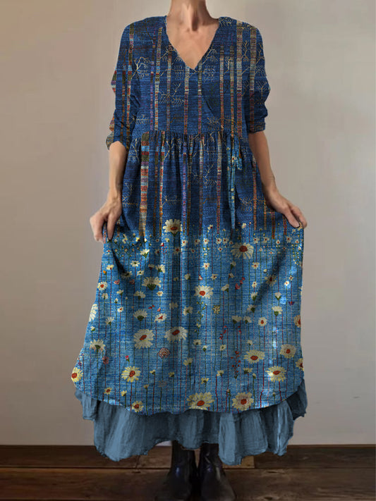 Retro boho virágos nyomtatás vintage v-nyak dupla hemline pamut hosszú ujjú midi ruha