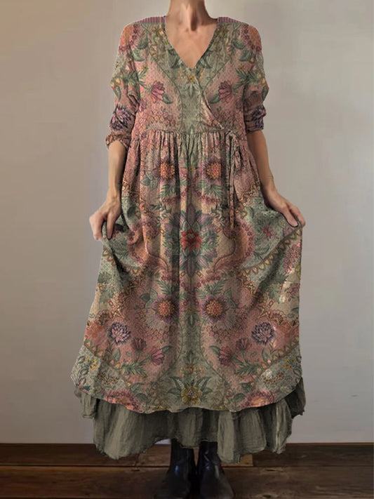 Retro boho virágos nyomtatás vintage v-nyak dupla hemline pamut hosszú ujjú midi ruha