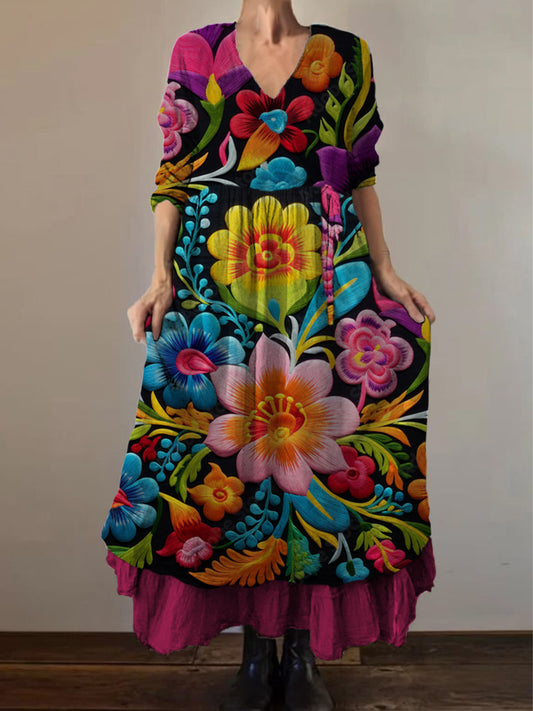 Retro boho virágos etnikai nyomtatás vintage v-nyak dupla hemline pamut hosszú ujjú midi ruha