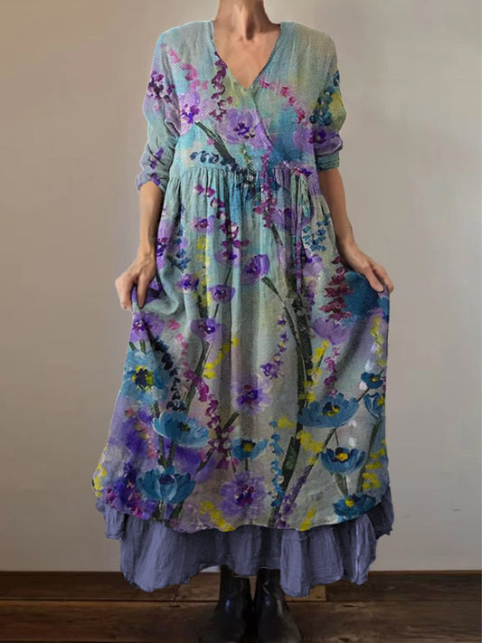 Retro boho virágos nyomtatás vintage v-nyak dupla hemline pamut hosszú ujjú midi ruha