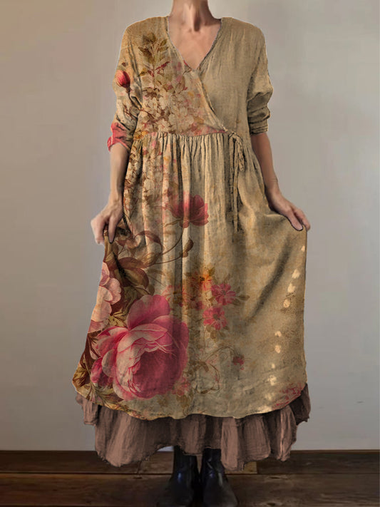 Retro boho virágos nyomtatás vintage v-nyak dupla hemline pamut hosszú ujjú midi ruha