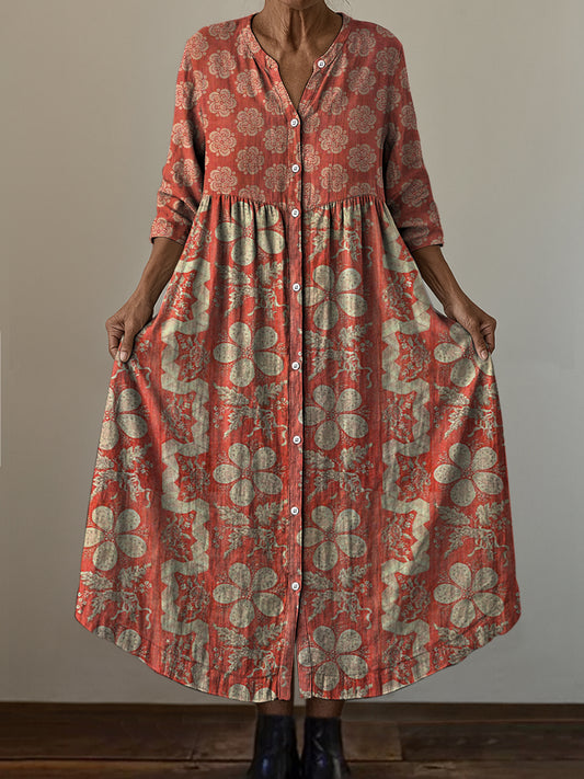 Retro boho virág művészet nyomtatás vintage elegáns v-nyak gomb fel hosszú ujjú midi ruha