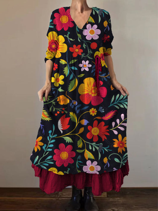 Retro boho virágos etnikai nyomtatás vintage v-nyak dupla hemline pamut hosszú ujjú midi ruha