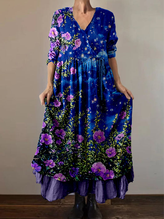 Retro boho virágos nyomtatás vintage v-nyak dupla hemline pamut hosszú ujjú midi ruha