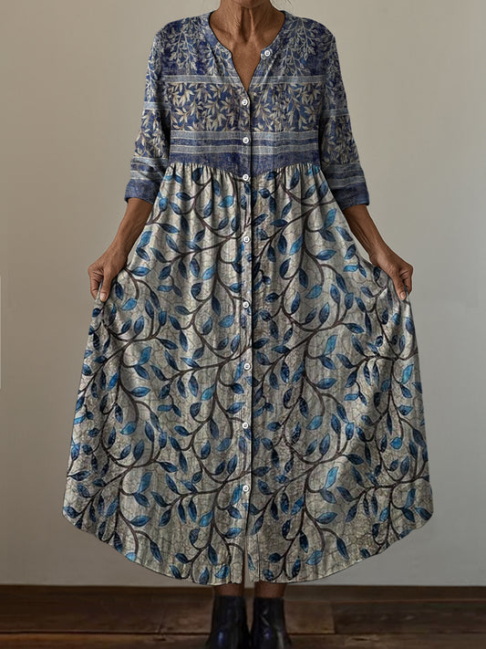 Retro boho virág művészet nyomtatás vintage elegáns v-nyak gomb fel hosszú ujjú midi ruha