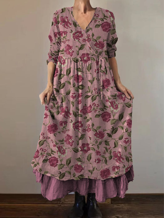 Retro boho virágos nyomtatás vintage v-nyak dupla hemline pamut hosszú ujjú midi ruha