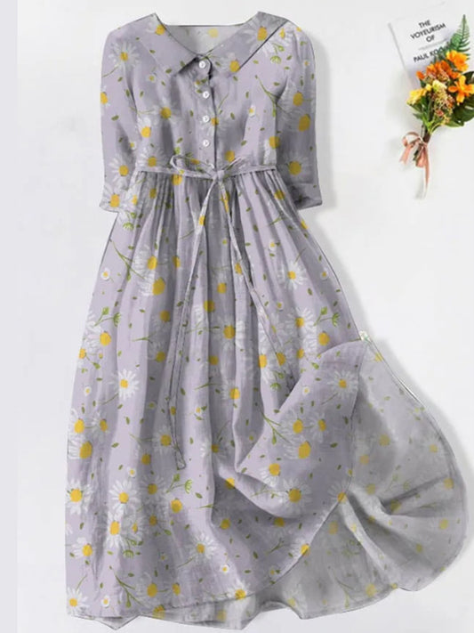 Retro boho virágos nyomtatás vintage elegáns kerek nyak gomb hosszú ujjú midi ruha