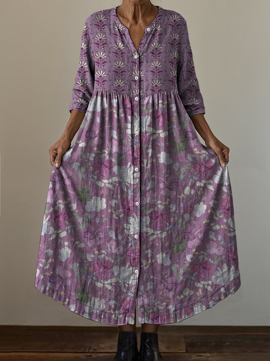 Retro boho virág művészet nyomtatás vintage elegáns v-nyak gomb fel hosszú ujjú midi ruha