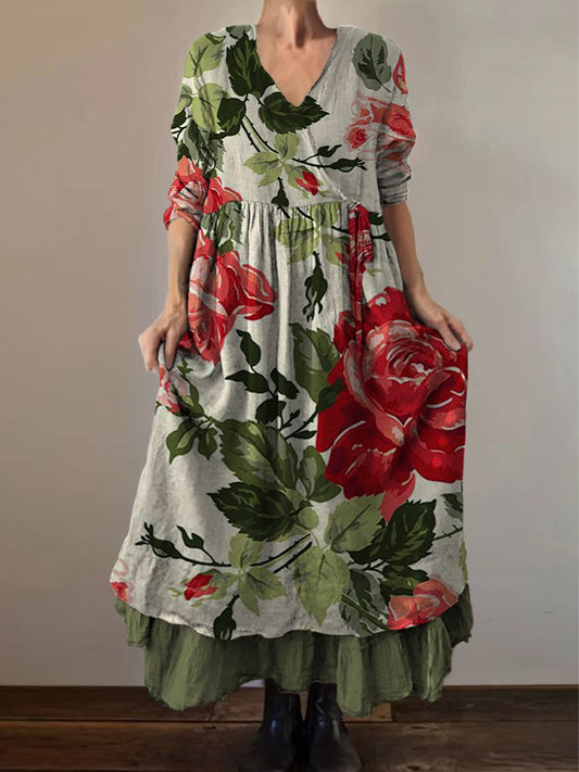 Retro boho virágos nyomtatás vintage v-nyak dupla hemline pamut hosszú ujjú midi ruha