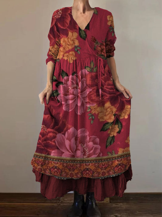 Retro boho virágos etnikai nyomtatás vintage v-nyak dupla hemline pamut hosszú ujjú midi ruha