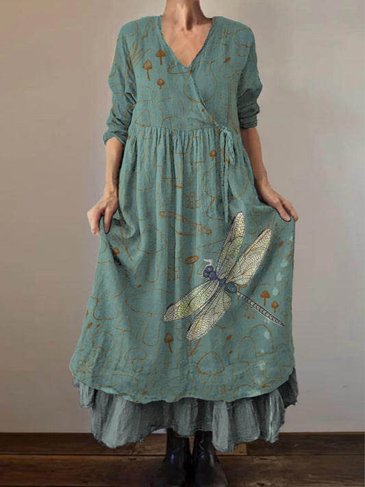 Retro boho virágos nyomtatás vintage v-nyak dupla hemline pamut hosszú ujjú midi ruha