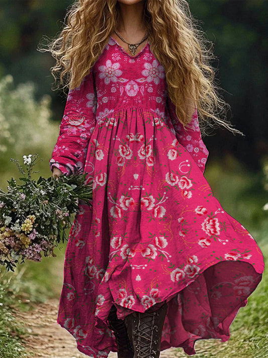 Retro boho virágos nyomtatás vintage elegáns v-nyak pamut hosszú ujjú midi ruha