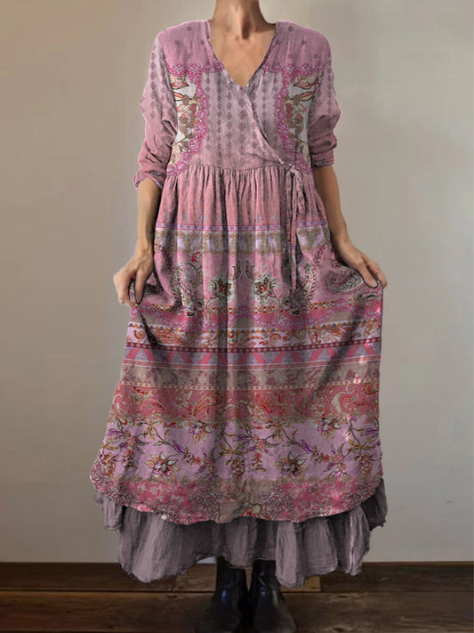 Retro boho virágos nyomtatás vintage v-nyak dupla hemline pamut hosszú ujjú midi ruha