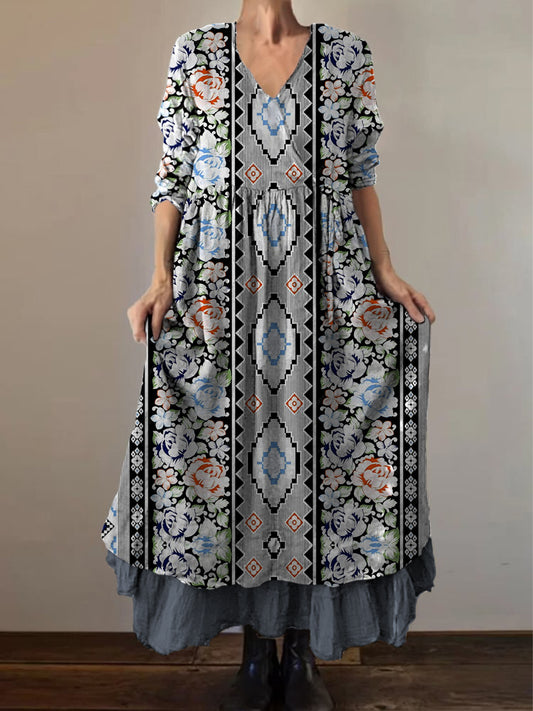Retro boho virágos nyomtatás vintage v-nyak dupla hemline pamut hosszú ujjú midi ruha