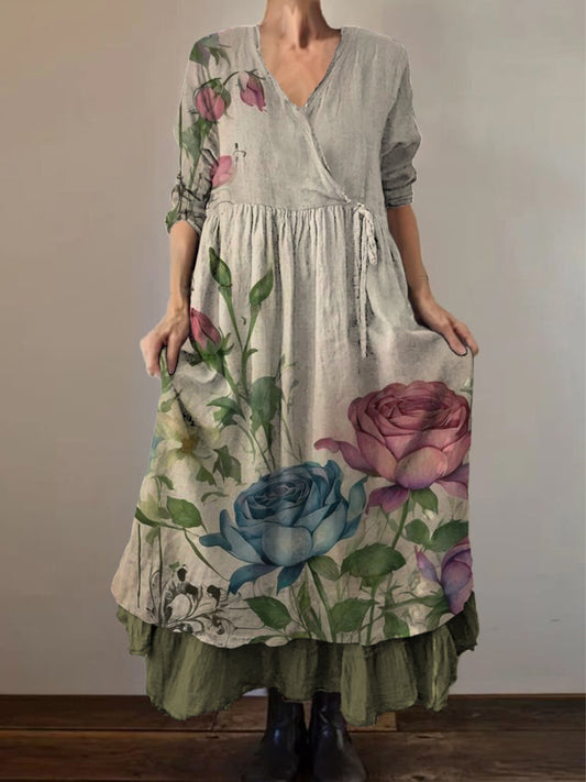 Retro boho virágos etnikai nyomtatás vintage v-nyak dupla hemline pamut hosszú ujjú midi ruha