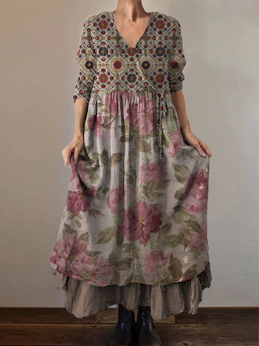 Retro boho virágos nyomtatás vintage v-nyak dupla hemline pamut hosszú ujjú midi ruha
