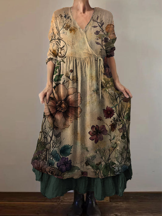 Retro boho virágos nyomtatás vintage v-nyak dupla hemline pamut hosszú ujjú midi ruha