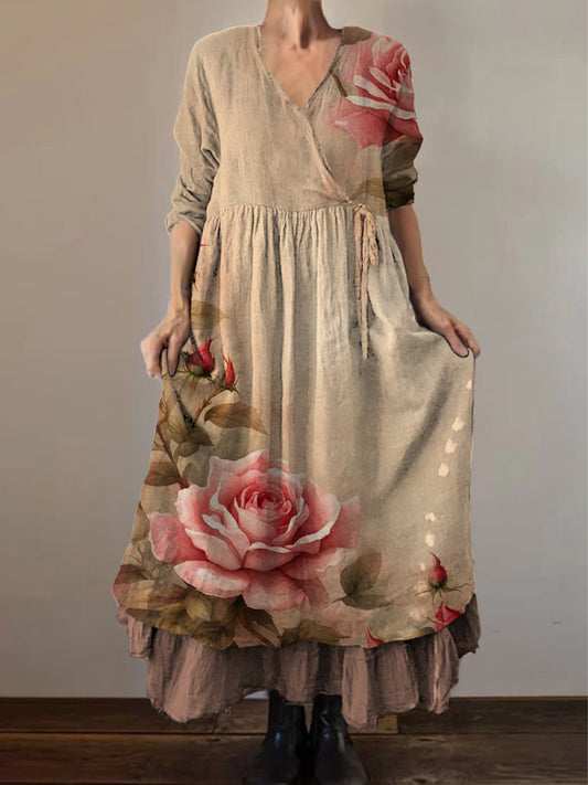 Retro boho virágos etnikai nyomtatás vintage v-nyak dupla hemline pamut hosszú ujjú midi ruha