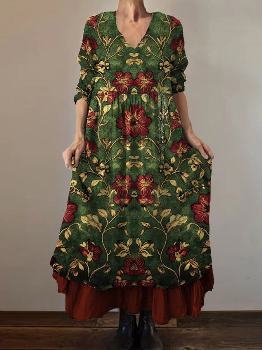 Retro boho virágos nyomtatás vintage v-nyak dupla hemline pamut hosszú ujjú midi ruha