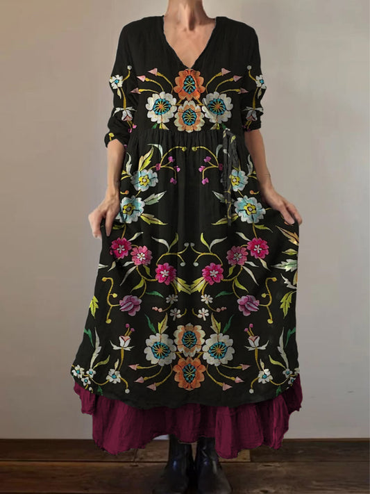 Retro boho virágos nyomtatás vintage v-nyak dupla hemline pamut hosszú ujjú midi ruha