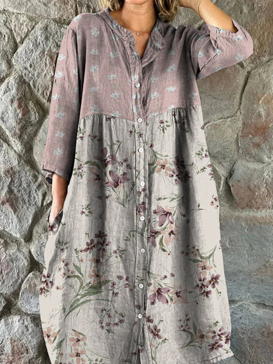 Retro boho virág művészet nyomtatás vintage elegáns v-nyak gomb fel hosszú ujjú midi ruha