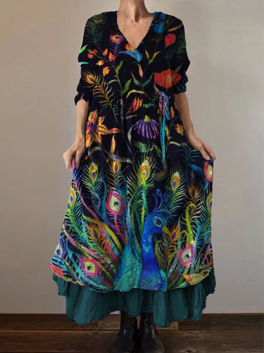 Retro boho virágos nyomtatás vintage v-nyak dupla hemline pamut hosszú ujjú midi ruha