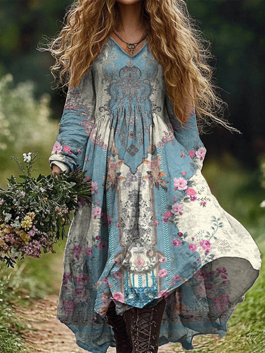 Retro boho virágos nyomtatás vintage elegáns v-nyak pamut hosszú ujjú midi ruha