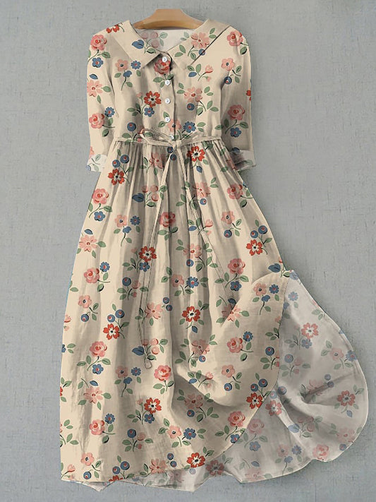 Retro boho virágos nyomtatás vintage elegáns kerek nyak gomb hosszú ujjú midi ruha