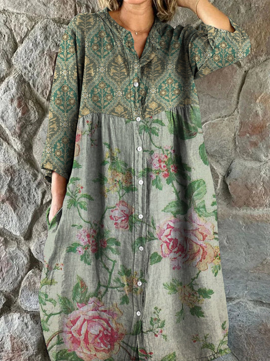 Retro boho virág művészet nyomtatás vintage elegáns v-nyak gomb fel hosszú ujjú midi ruha