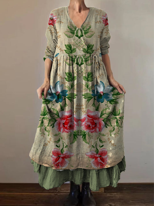 Retro boho virágos nyomtatás vintage v-nyak dupla hemline pamut hosszú ujjú midi ruha