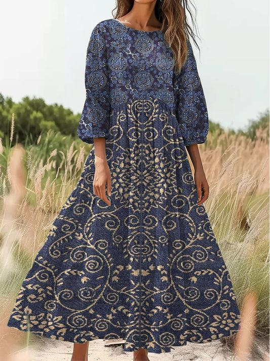 Retro boho art print vintage elegáns kerek nyak pamut hosszú ujjú midi ruha