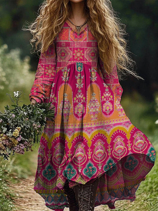 Retro boho virágos nyomtatás vintage elegáns v-nyak pamut hosszú ujjú midi ruha