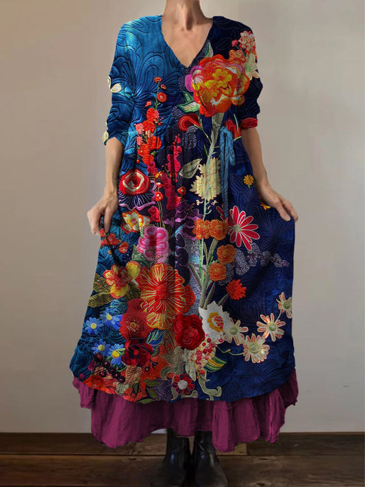 Retro boho virágos nyomtatás vintage v-nyak dupla hemline pamut hosszú ujjú midi ruha