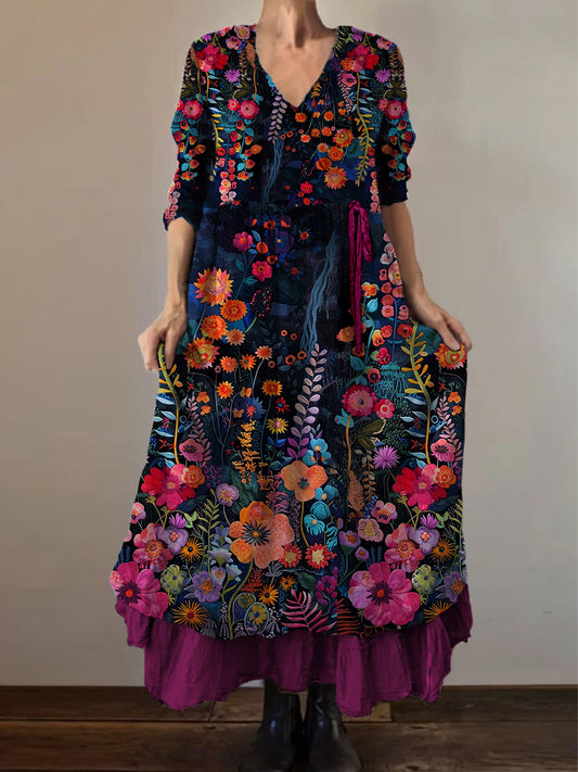 Retro boho virágos nyomtatás vintage v-nyak dupla hemline pamut hosszú ujjú midi ruha