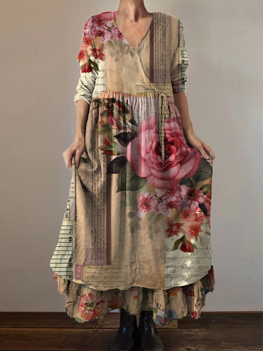 Retro boho virágos nyomtatás vintage v-nyak dupla hemline pamut hosszú ujjú midi ruha