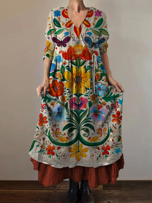 Retro boho virágos nyomtatás vintage v-nyak dupla hemline pamut hosszú ujjú midi ruha