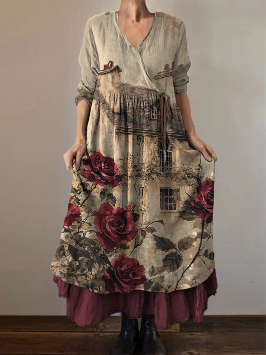 Retro boho virágos nyomtatás vintage v-nyak dupla hemline pamut hosszú ujjú midi ruha