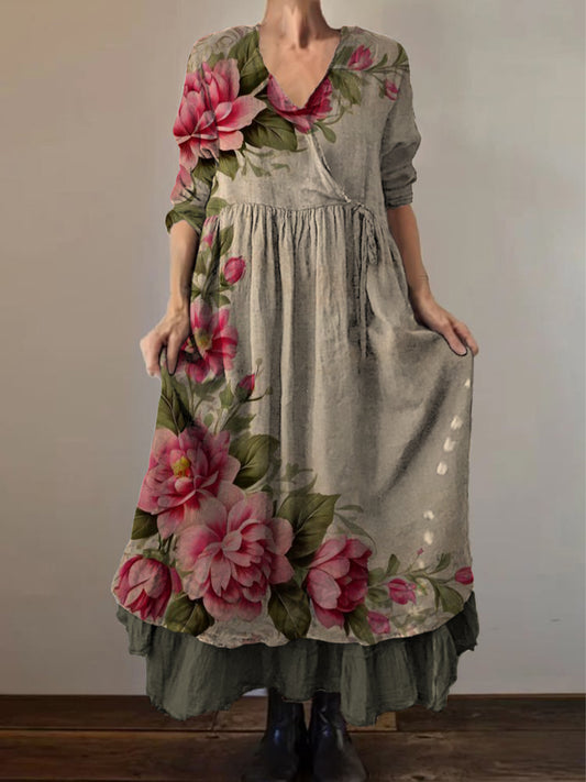 Retro boho virágos nyomtatás vintage v-nyak dupla hemline pamut hosszú ujjú midi ruha