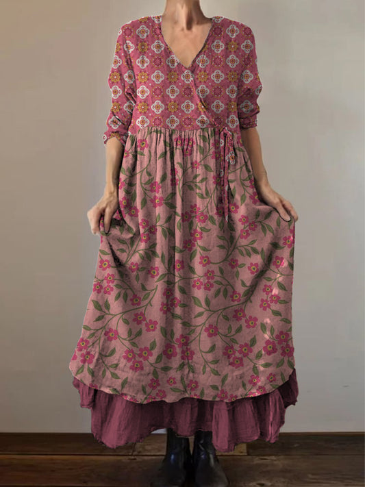 Retro boho virágos nyomtatás vintage v-nyak dupla hemline pamut hosszú ujjú midi ruha