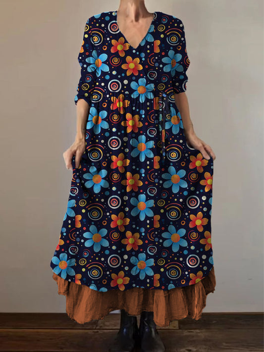 Retro boho virágos nyomtatás vintage v-nyak dupla hemline pamut hosszú ujjú midi ruha