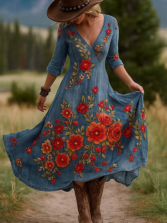 Retro virág művészet nyomtatás vintage v-nyak hosszú ujjú pamut maxi ruha