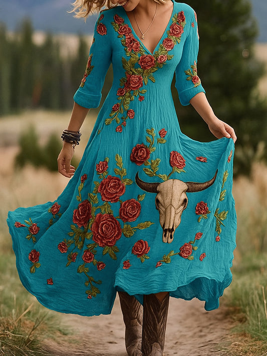 Retro virág művészet nyomtatás vintage v-nyak hosszú ujjú pamut maxi ruha