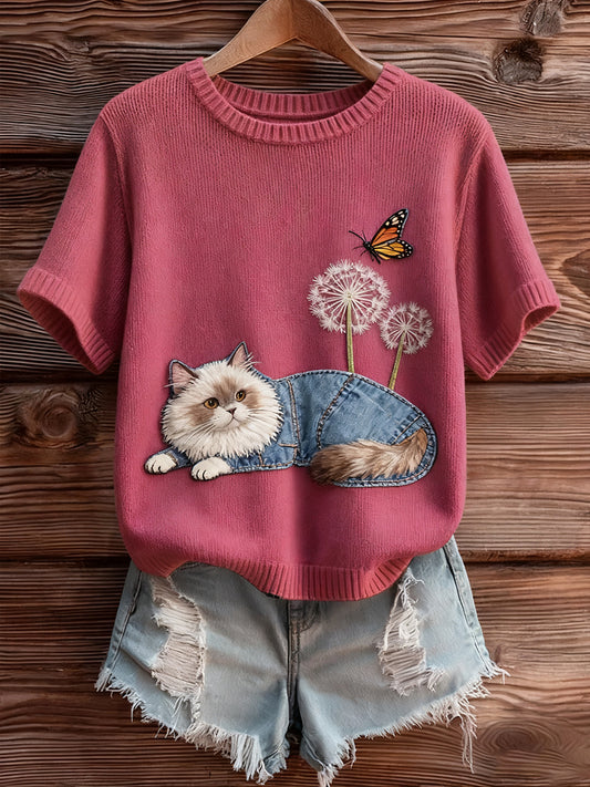 Női vintage art állat nyomtatás hangulatos kötött rövid ujjú pulóver