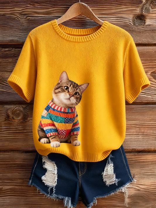 Női vintage art állat nyomtatás hangulatos kötött rövid ujjú pulóver