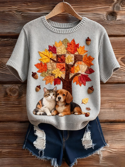 Női vintage art állat nyomtatás hangulatos kötött rövid ujjú pulóver